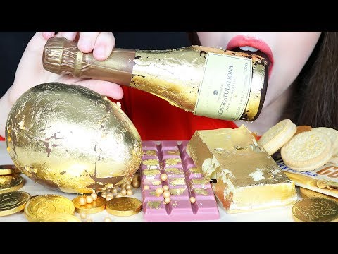 ASMR GOLD EDIBLE CHAMPAGNE BOTTLE, MAXI KINDER EGG, 24K CHOCOLATE BARS (EATING SOUNDS) No Talking