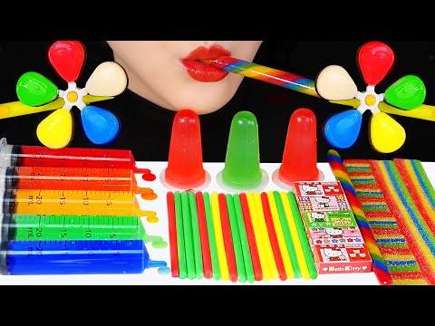 RAINBOW FOOD ASMR PINWHEEL CHOCOLATE ASMR RAINBOW RYRINGE JUICE ASMR TONGUE JELLY ASMR 🌈