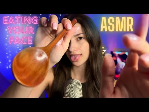 ASMR🎙️💋EATING YOUR FACE👅😌WITH WOODEN SPOON🪵🥄MOUTH SOUNDS👄😴