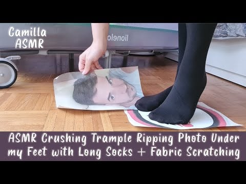 ASMR Crushing Trample Ripping Photo Under my Feet with Long Socks + Fabric Scratching