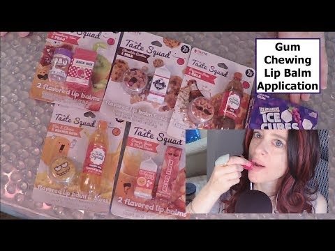 ASMR Gum Chewing, Unique Lip Balm Haul & Application. Whispered