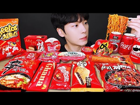 ASMR MUKBANG | 편의점 레드 디저트 아이스크림 먹방 & RED DESSERT JELLY CANDY NOODLES