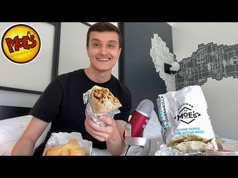 ASMR HUGE Moe’s Mexican Burrito Mukbang (tacos, chips & queso)