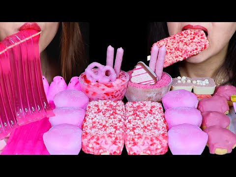 ASMR STRAWBERRY MOCHI ICE CREAM, PINK JELLY NOODLES, CHEESECAKE CUPS, MARSHMALLOWS, CREAM PUFFS 먹방