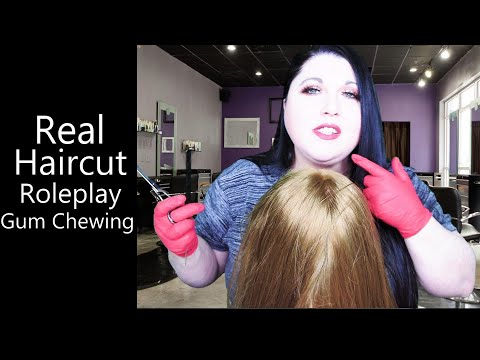 ASMR Real Haircut Roleplay (Gum Chewing, Hair Brushing, Gloves, Gossip, Spray, Hair Play)