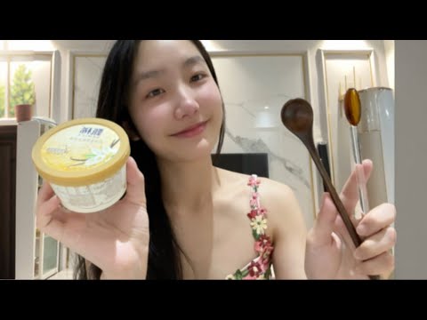 ”KC Sleep Aid” wooden spoon, ten, glass spoon, eating ice cream
