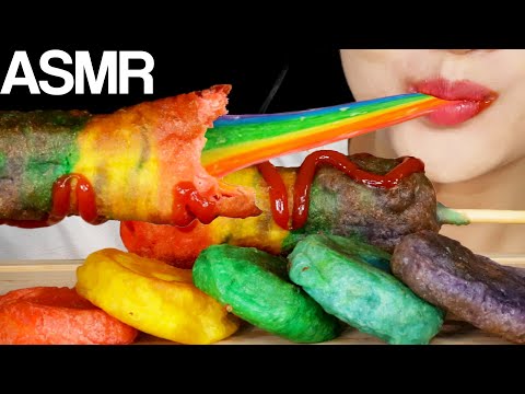 ASMR Rainbow Mozzarella Cheese Corndog & Hotteok Eating Sounds Mukbang 무지개 모짜렐라 치즈핫도그 치즈호떡 먹방