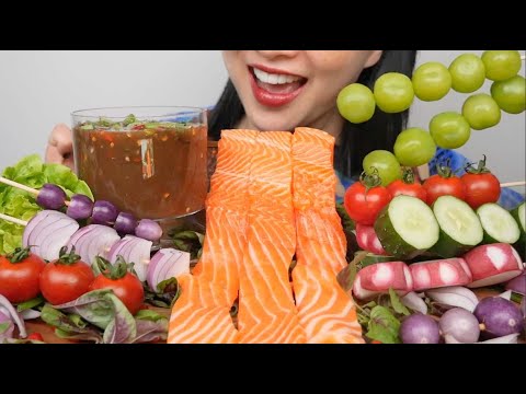 GIANT SALMON SASHIMI + FRESH VEGGIE PLATTER (ASMR EATING SOUNDS) NO TALKING | SAS-ASMR