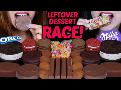 ASMR LEFTOVER DESSERT RACE! MILKA CHOCO WAFER, MINI MOCHI, OREO ICE CREAM, RED VELVET OREO, KITKAT먹방