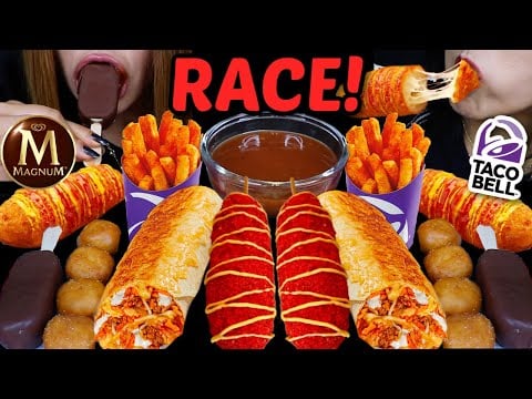 ASMR MAGNUM ICE CREAM & TACO BELL RACE! Cheesy mozzarella corn dogs, Grilled cheese burritos 먹방