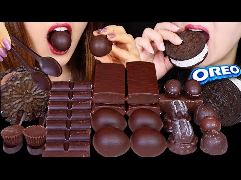 ASMR DARK CHOCOLATE EGG CAKES, EDIBLE SPOONS, MILK CREAM CAKES, OREO ICE CREAM, FERRERO CHOCOLATE 먹방