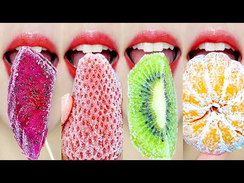 Rainbow Frozen Fruits Emoji Food Mukbang ASMR 🌈 Ice Crunchy Jelly Eating Sounds