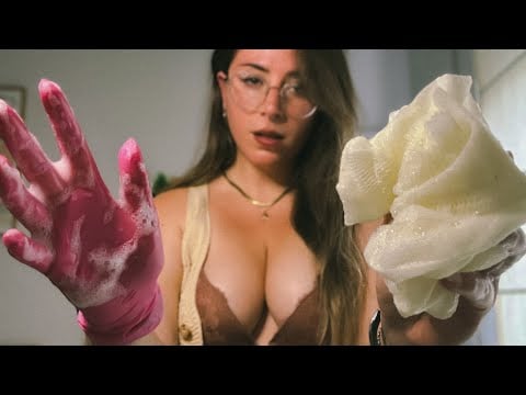 ASMR latex gloves sounds with soap foam and sponge🤤
