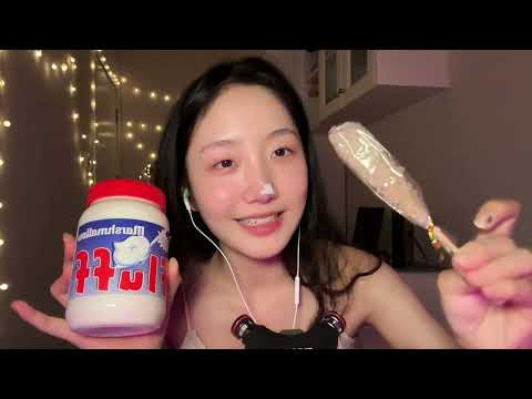KC Sleep Aid. Wooden spoon and amber lollipop eat 10 cotton candies. Sticky sound. #asmr #