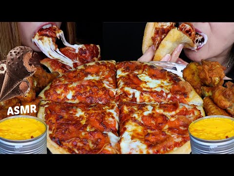 ASMR CHEESY PEPPERONI PIZZAS, HOT WINGS, AND DOUBLE CHOCOLATE ICE CREAM CONES 먹방