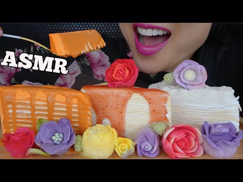 ASMR CREPE CAKE + EDIBLE FLOWER JELLO (SOFT EATING SOUNDS) NO TALKING | SAS-ASMR