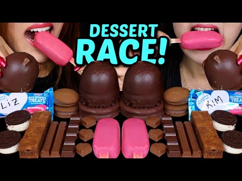 ASMR LEFTOVER DESSERT RACE! PINK MAGNUM ICE CREAM BARS, CADBURY, MILKA BROWNIES, KINDER, KITKAT 먹방