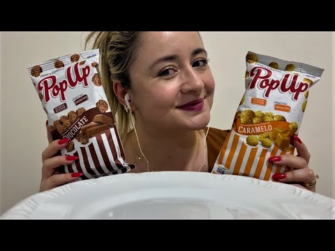 ASMR: PROVANDO PIPOCA AMERICANA DE CHOCOLATE E CARAMELO