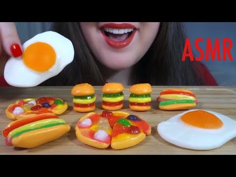 ASMR Gummy Candy PIZZA, HAMBURGERS, HOTDOGS, EGGS - Chewy Eating Sounds