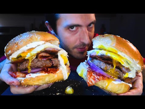 GIANT MESSY BREAKFAST BURGERS ! BACON SALMON EGGS AND KIMCHI ! * Mukbang * | Nomnomsammieboy