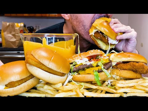 MCDONALDS CHEESE SAUCE FEAST! BURGERS CHICKEN FISH & FRIES * ASMR NO TALKING * | Nomnomsammieboy