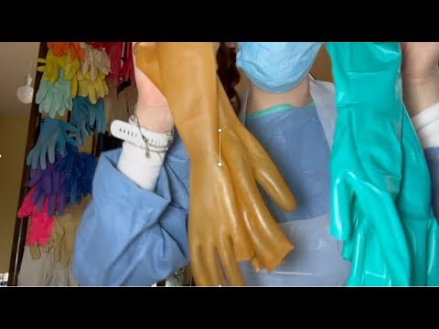 ASMR nurse Nastya tries on 2 special pairs of surgical gloves (with oil shining)