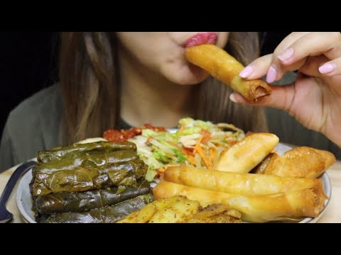 ASMR STUFFED GRAPELEAVES CHEESE ROLLS SPINACH PIEROGIES MIDDLEEAST MUKBANG CREMA ASMR #asmr #mukbang