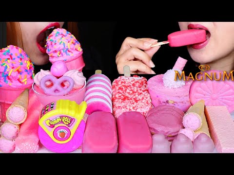 ASMR PINK DESSERTS (PINK MAGNUM ICE CREAM, SPRINKLE CONE, SOUR GUMMY, STRAWBERRY SHORTCAKE BAR) 먹방