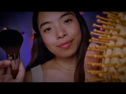 ASMR Gently Brushing Your Hair & Face (1 Hr, No Talking) ‧₊˚ ☁️  Layered Sounds, Soft Music & Rain