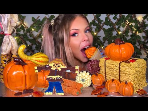 ASMR PUMPKIN FALL ASMR FOOD, EDIBLE HAYSTACK, PUMPKIN SPICE CAKE, EDIBLE SCARECROW, CANDY STICKS 먹방