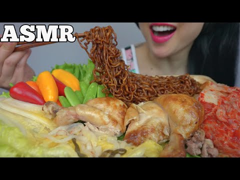 ASMR ROTISSERIE CHICKEN + SPICY BLACKBEAN NOODLES + KIMCHI (CRUNCHY EATING SOUNDS) | SAS-ASMR