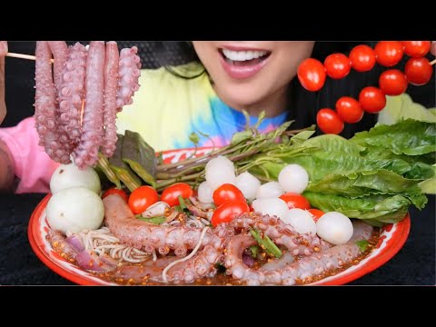 *SIMPLE RECIPE THAI SPICY OCTOPUS SALAD + FRESH VEGGIES (ASMR EATING SOUNDS) NO TALKING | SAS-ASMR