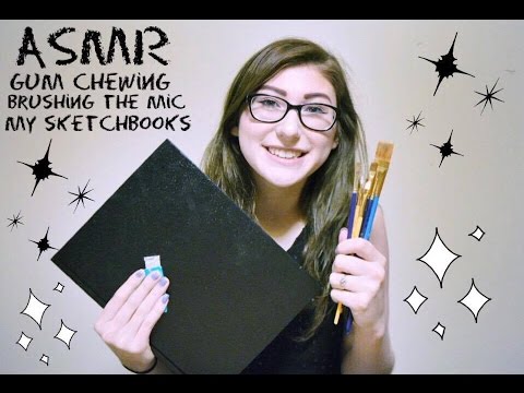 ASMR Binaural Gum Chewing & Brushing The Mic & Showing You My Sketchbooks!!!