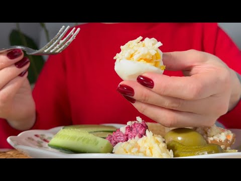 ASMR Cheese Salad with Soft Egg, Crunchy Cucumbers, Russian Beat Salad,  and Jewish Bagel