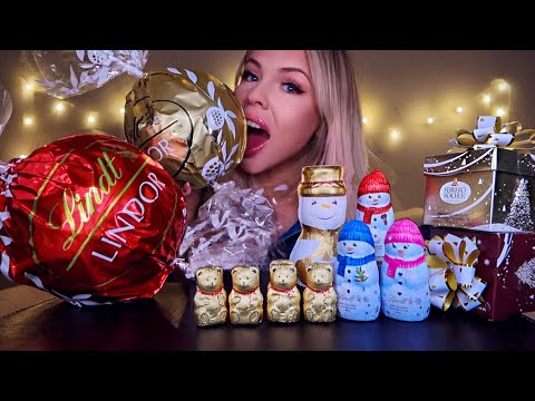 ASMR GIANT LINDT CHOCOLATE BALL, FERRERO ROCHER, CHOCOLATE PRESENTS, CHOCOLATE SNOWMAN MUKBANG 먹방