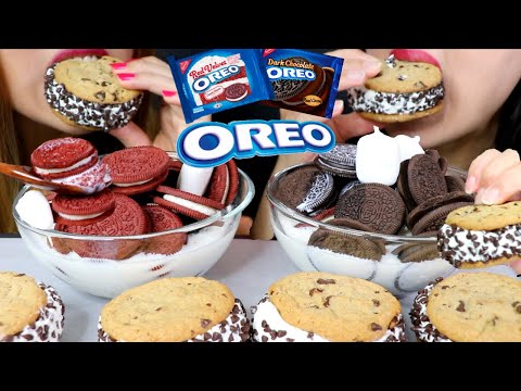 ASMR RED VELVET + DARK CHOCOLATE OREO CEREAL + ICE CREAM COOKIE SANDWICHES 리얼사운드 먹방 | Kim&Liz ASMR