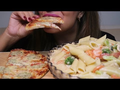 ASMR CREAMY PENNONI PASTA VEGGIES PIZZA FOUR CHEESE MUKBANG no talking CREMA ASMR #asmr #mukbang