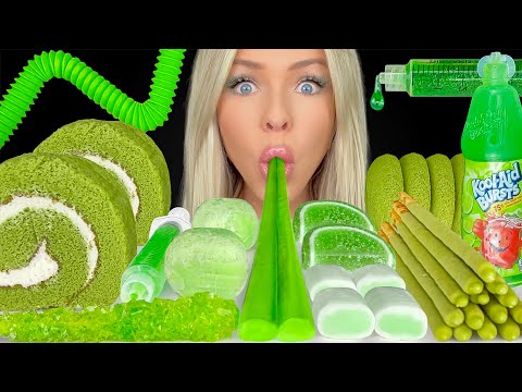 ASMR GREEN FOOD, MATCHA CAKE ROLL, WATERMELON KOOL AID, MELON MOCHI, GREEN TEA COOKIES MUKBANG 먹방