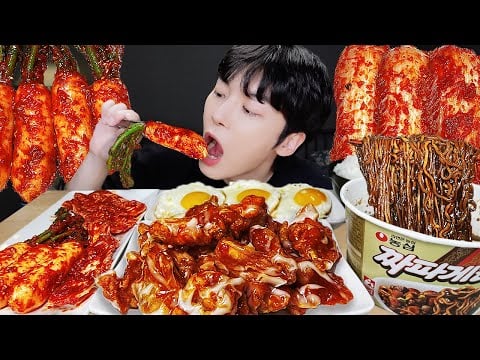 ASMR MUKBANG | 직접 만든 김치 레시피 & 양념치킨 짜파게티 먹방 & 레시피 FRIED CHICKEN AND FIRE KIMCHI EATING