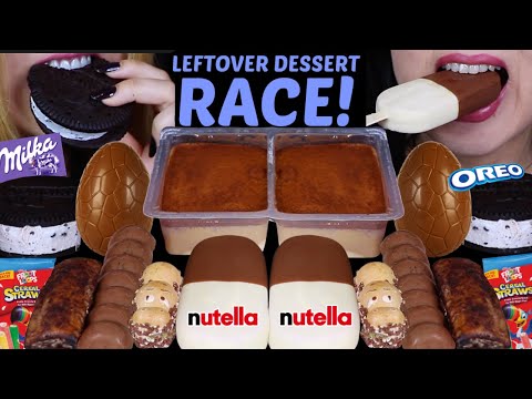 ASMR LEFTOVER DESSERT RACE! CHOCOLATE MOUSSE CAKE, MILKA OREO BAR, KINDER EGG, OREO ICE CREAM 먹방