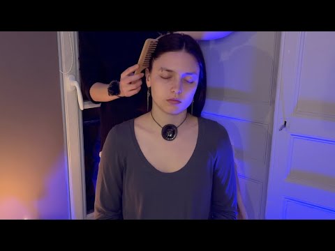 ASMR cozy face tracing and hair brushing to help you fall asleep 💜 (soft whispered, real person)