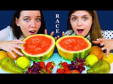 ASMR FRUIT RACE (WATERMELON, LEMON, STRAWBERRY, GRAPE FRUIT, PEAR) EATING SOUNDS