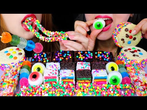 ASMR RAINBOW CAKE, M&M'S ICE CREAM, JELLY BALLS, NERDS ROPE, MARSHMALLOW TREAT 먹방 | Kim&Liz ASMR