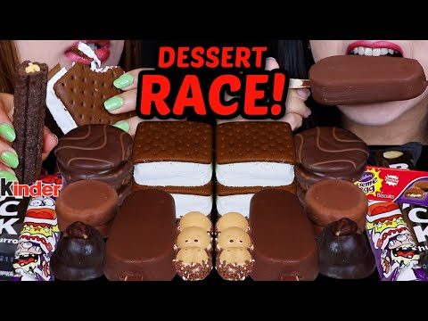 ASMR LEFTOVER DESSERT RACE! CADBURY CREAM EGG COOKIES, BLACK CHURROS, KINDER HAPPY HIPPO, ICE CREAM