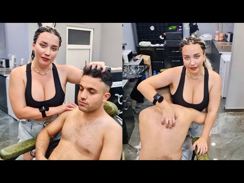 💈RUSSIAN LADY BARBER ANASTASIA PUTS CUSTOMER TO SLEEP w/ ASMR BACK & ARM MASSAGE THERAPY COMPILATION