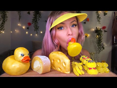 ASMR YELLOW FOOD EDIBLE RUBBER DUCKY, TOM & JERRY CAKE, KYO ROLL, ROCK CANDY MUKBANG | HUNNIBEE ASMR