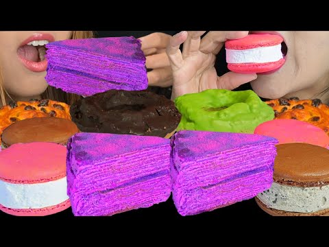 ASMR MOST POPULAR DESSERTS! PURPLE UBE CREPE CAKE, MACARON ICE CREAM, CHOCOLATE & MATCHA DONUTS 먹방