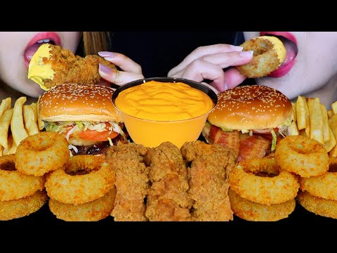 ASMR CHEESY FRIED FOOD FEAST! GIANT CRUNCHY ONION RINGS, FRIED CHICKEN, BACON CHEESEBURGERS, FRIES