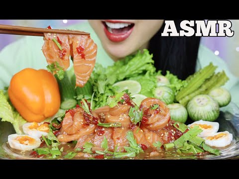 ASMR SPICY SALMON SASHIMI SALAD + FRESH VEGGIES (CRUNCHY EATING SOUNDS) MINIMAL TALKING | SAS-ASMR