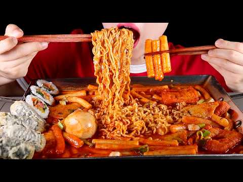 ASMR Rabokki (Tteokbokki with Ramyun Noodles), Kimbap(Gimbap), and Gimmari | No Talking Mukbang